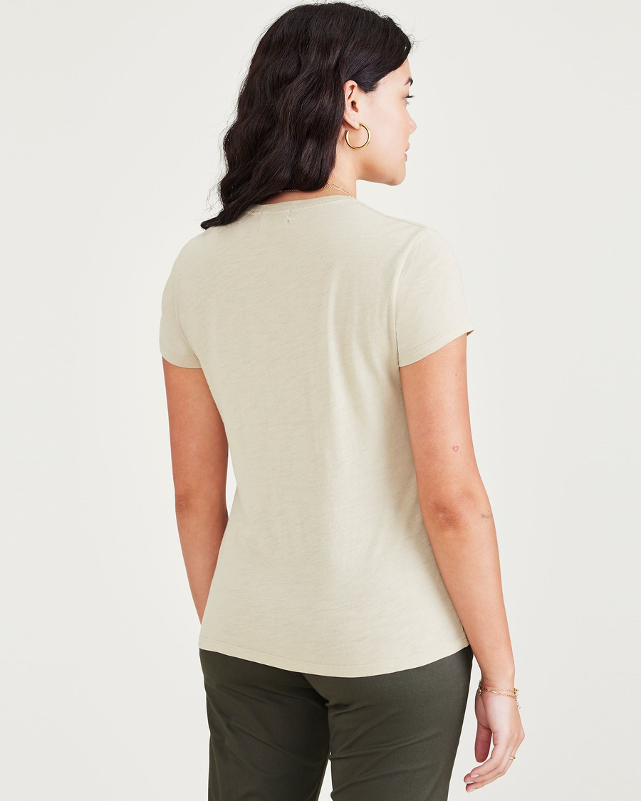 Back view of model wearing Khaki Graphic Tee Shirt, Slim Fit.