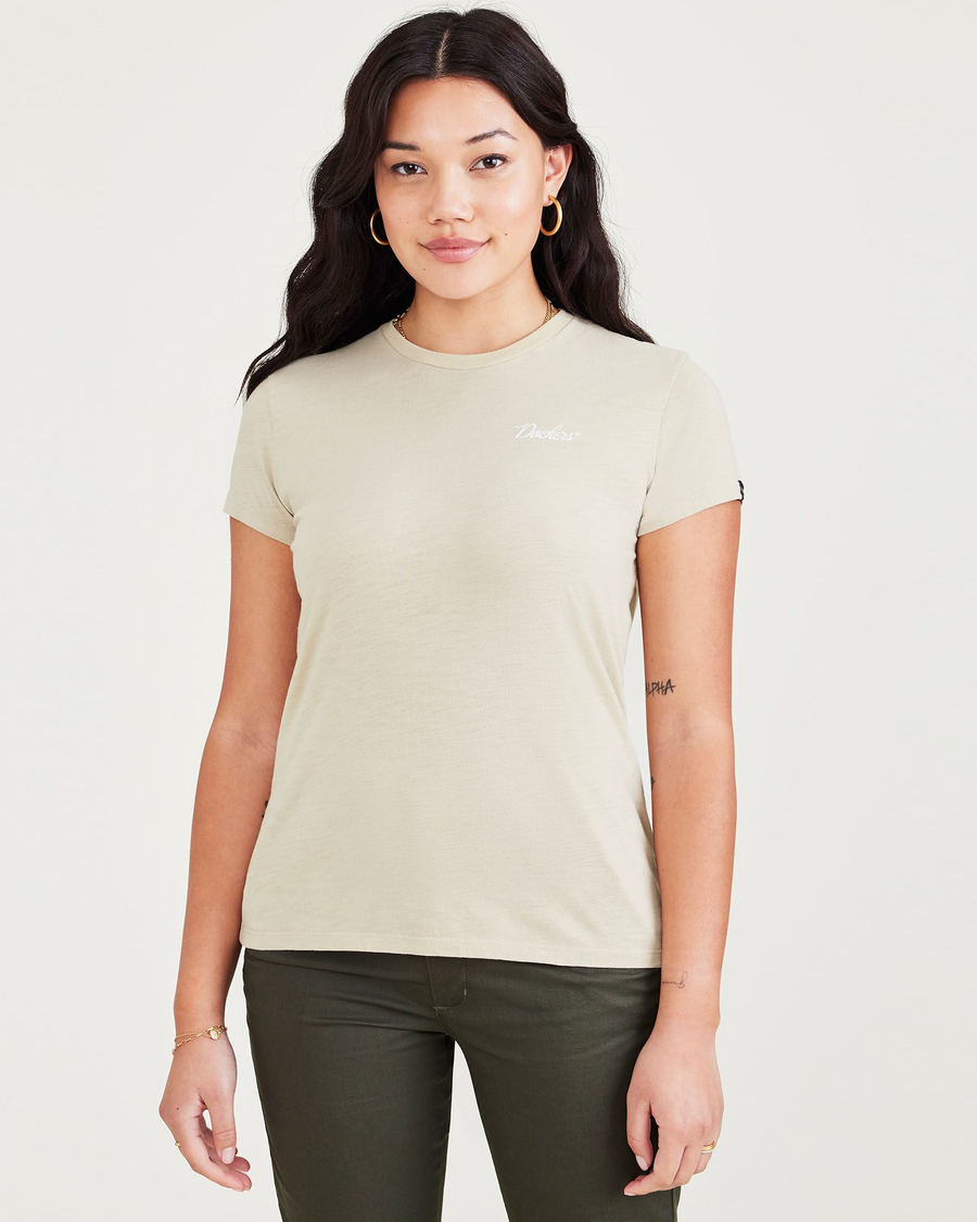 Front view of model wearing Khaki Graphic Tee Shirt, Slim Fit.