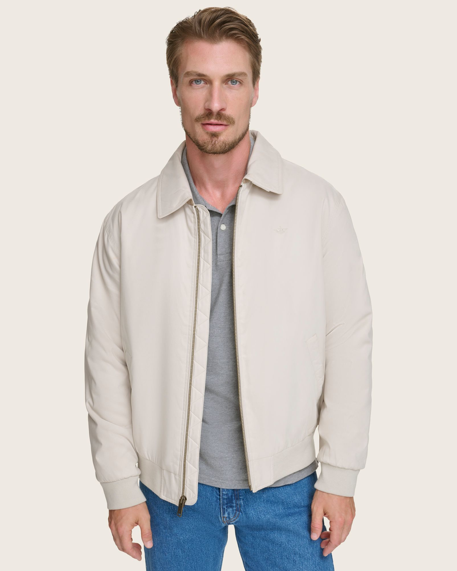 View of model wearing Khaki Microtwill Relaxed Bomber Jacket.