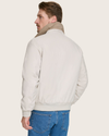 Back view of model wearing Khaki Microtwill Relaxed Bomber Jacket.