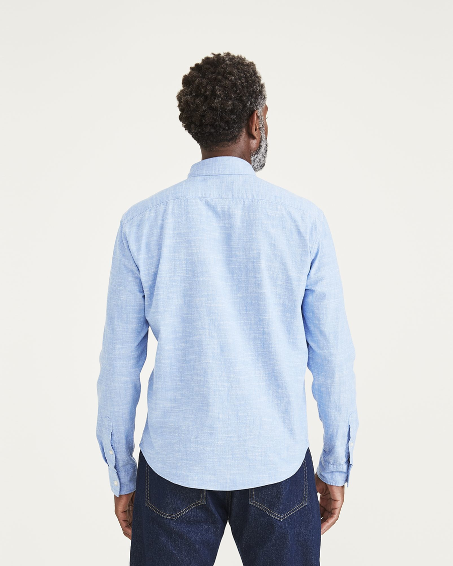 Back view of model wearing Light Blue Acid Wash Casual Shirt, Regular Fit (Big and Tall).