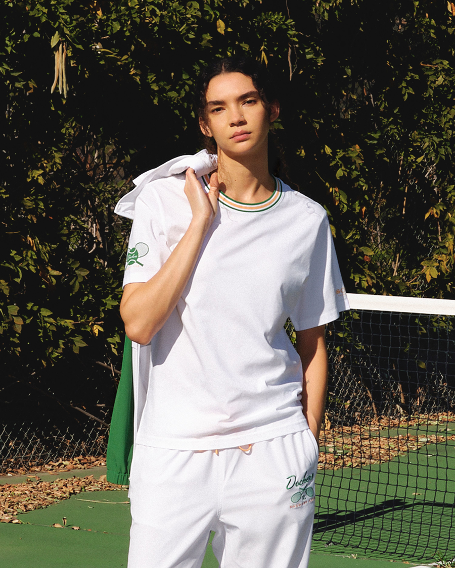 View of model wearing Lucent White Racquet Club Tee, Regular Fit.