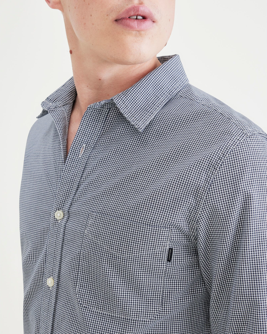 View of model wearing Manchester Navy Blazer Original Button-Up Shirt, Slim Fit.