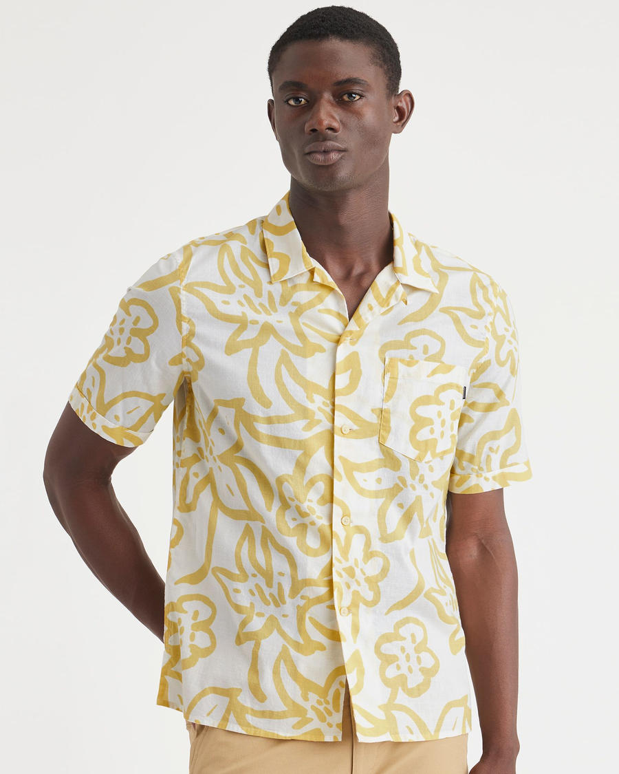 Front view of model wearing Mangrove Pineapple Slice Camp Collar Shirt, Regular Fit.