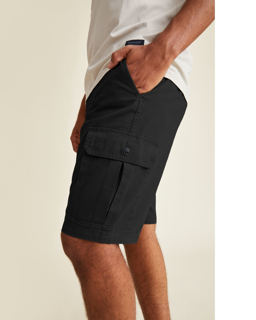 View of model wearing Mineral Black Perfect Cargo 10.5" Shorts, Straight Fit.