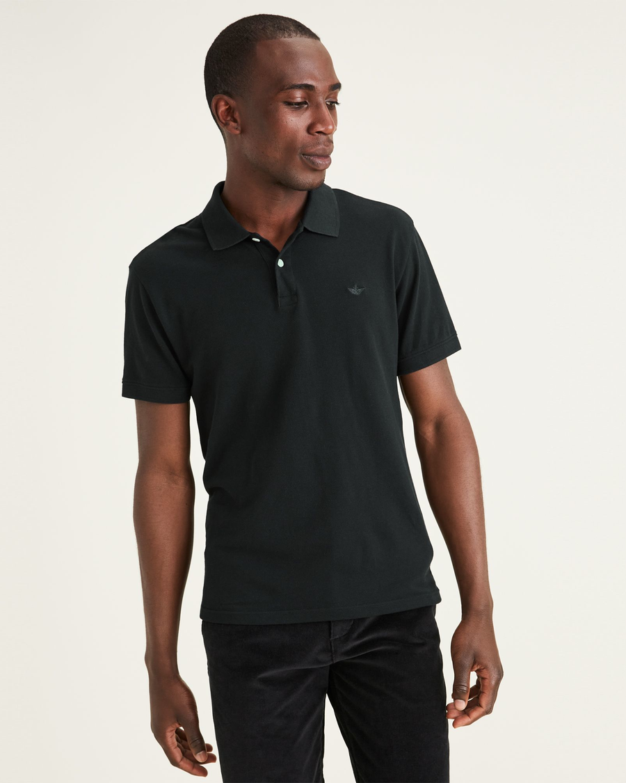 Front view of model wearing Mineral Black Rib Collar Polo, Slim Fit.