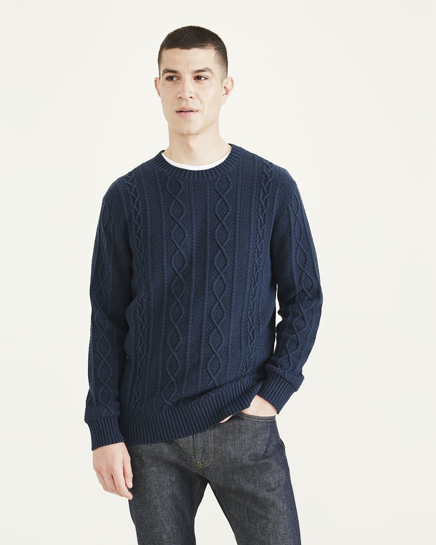 Front view of model wearing Navy Blazer Cable Knit Sweater, Regular Fit.
