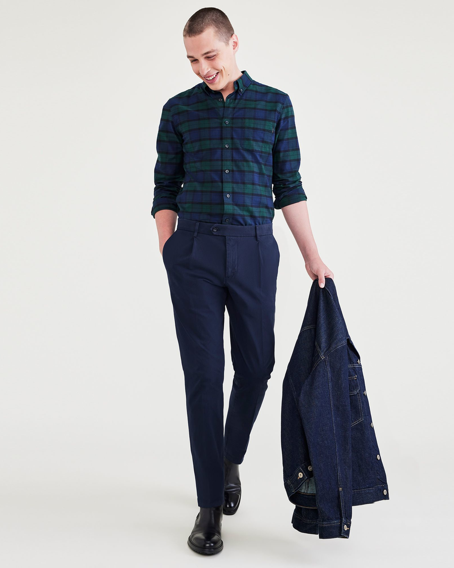 View of model wearing Navy Blazer Crafted Trousers, Slim Tapered Fit.