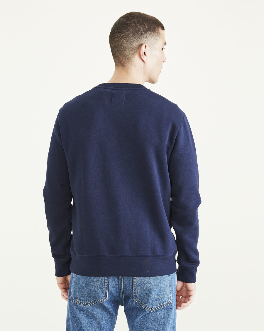Back view of model wearing Navy Blazer Crewneck Sweatshirt, Regular Fit.