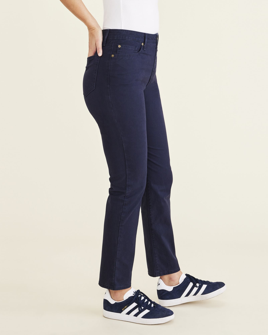 Side view of model wearing Navy Blazer Jean Cut Pants, High Slim Fit.