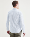 Back view of model wearing Navy Blazer Stretch Oxford Shirt, Slim Fit.