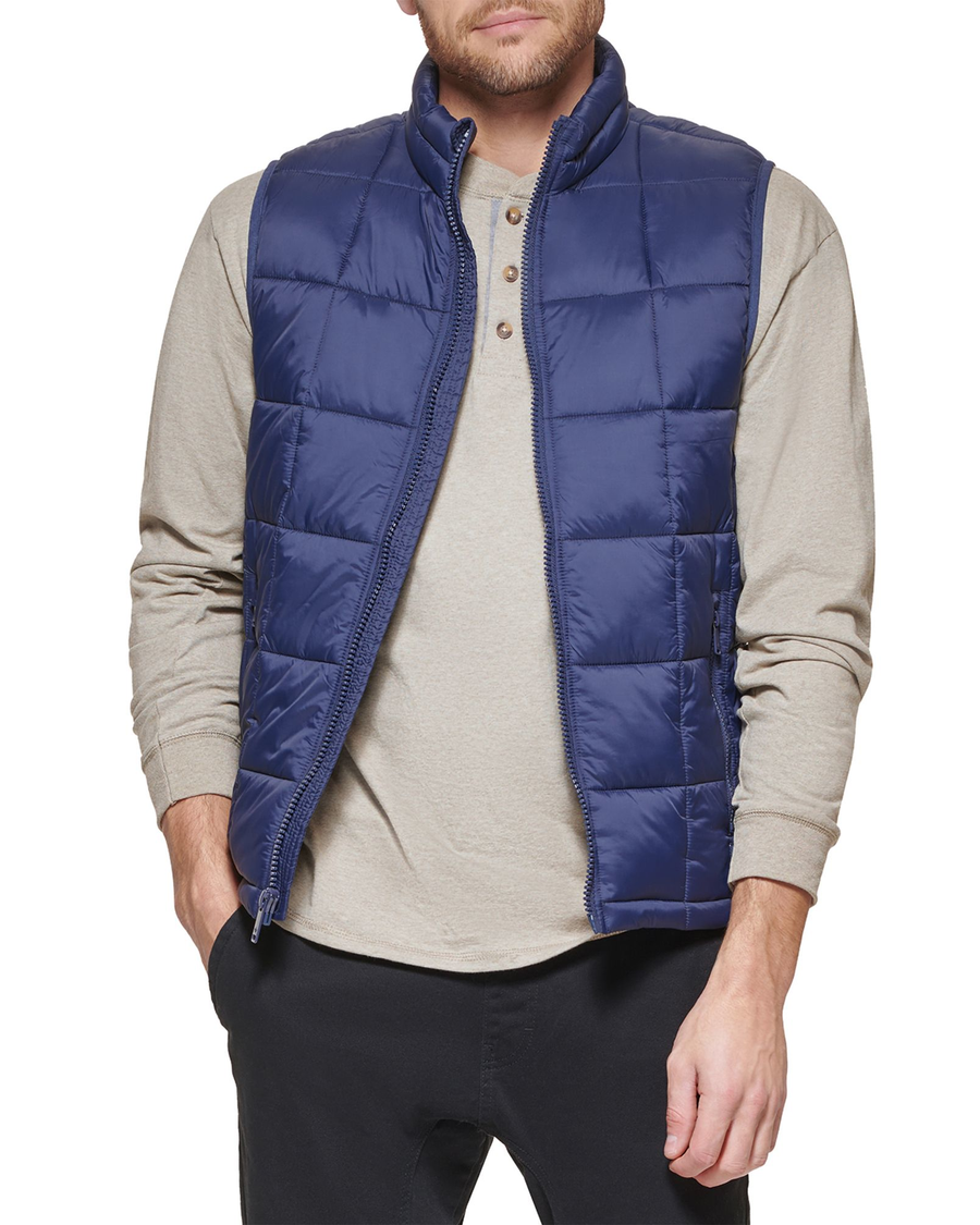 Front view of model wearing Navy Box Quilt Puffer Vest, Regular Fit.