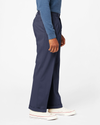 Side view of model wearing Navy Comfort Khakis, Pleated, Relaxed Fit.