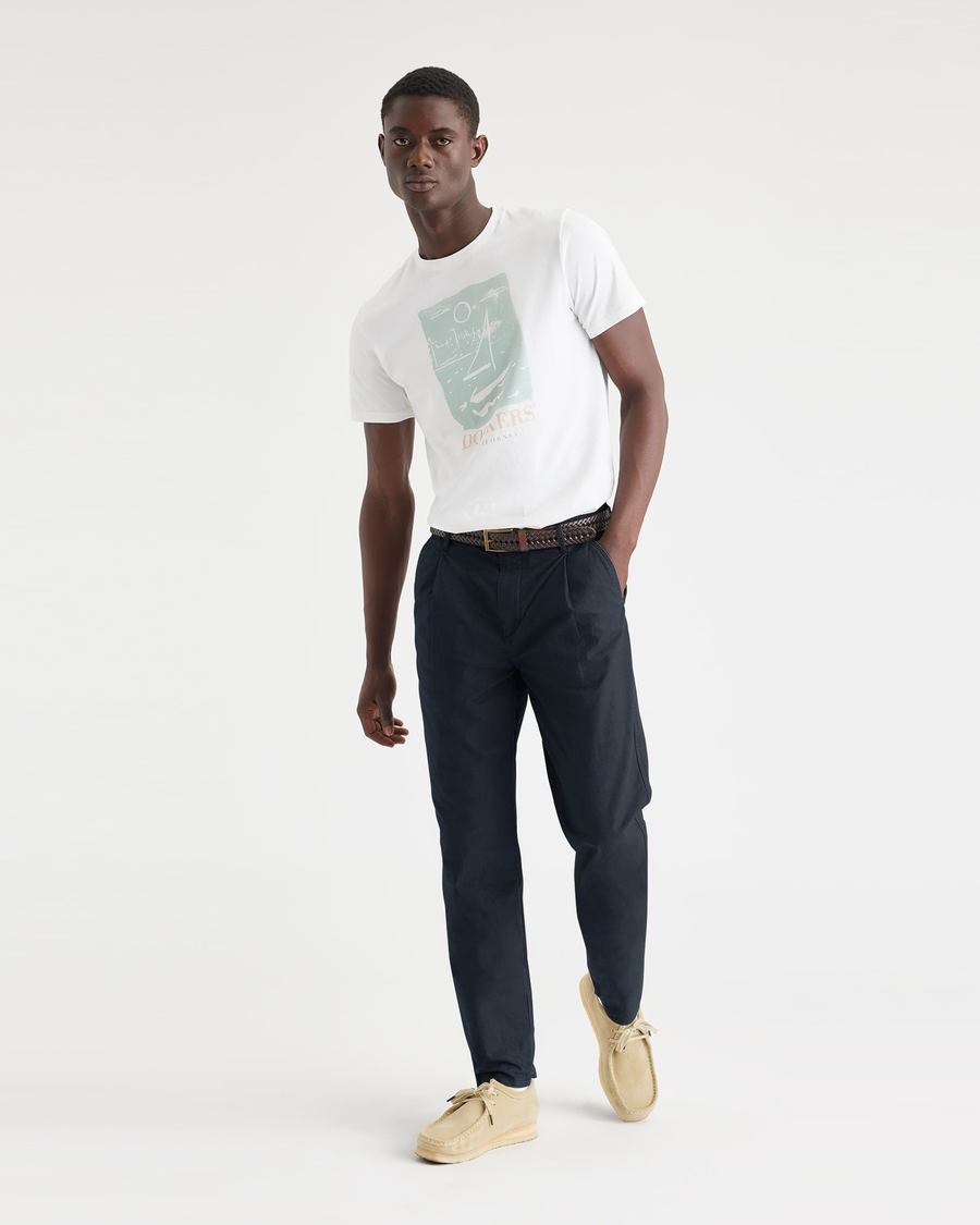 View of model wearing Navy Crisp Original Chinos, Relaxed Tapered Fit.