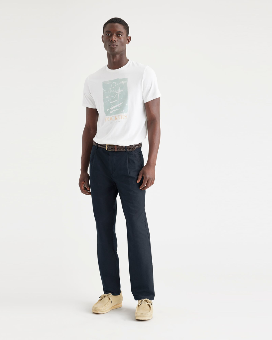 Front view of model wearing Navy Crisp Original Chinos, Relaxed Tapered Fit.