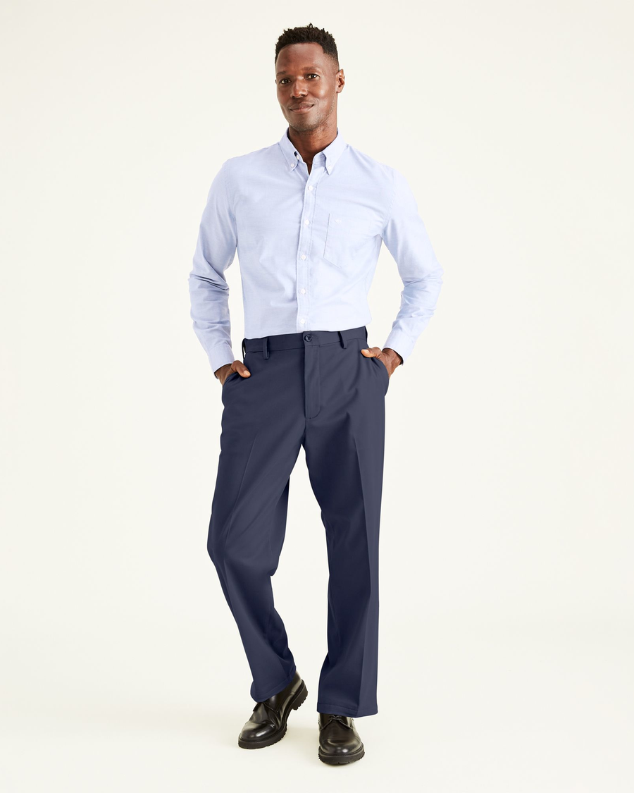 Front view of model wearing Navy Easy Khakis, Classic Fit.