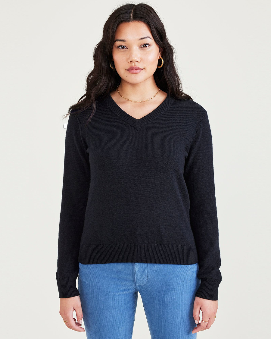 Front view of model wearing Navy Glory Sweater, Regular Fit.