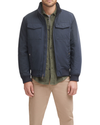 View of model wearing Navy Polytwill 2-Pocket Military Bomber Jacket.