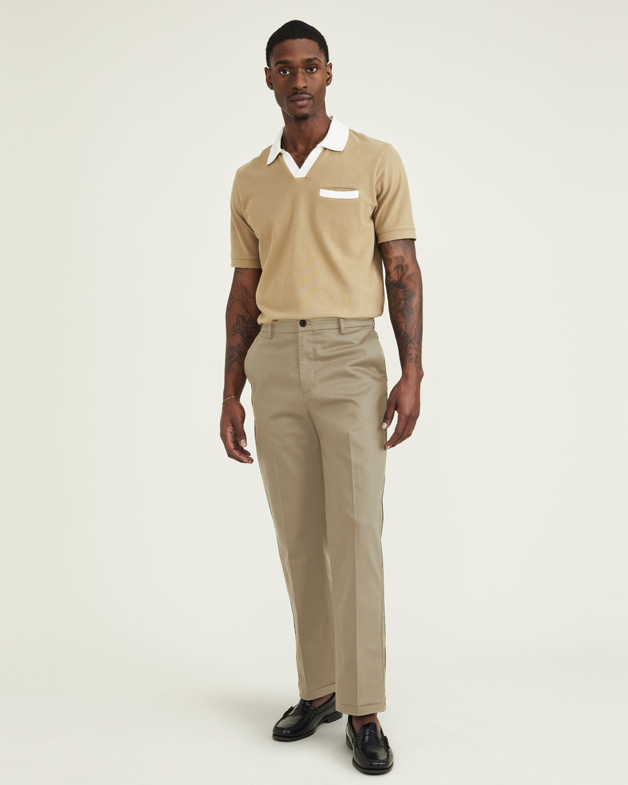 Front view of model wearing New British Khaki Signature Iron Free Khakis, Straight Fit with Stain Defender® (Big and Tall).