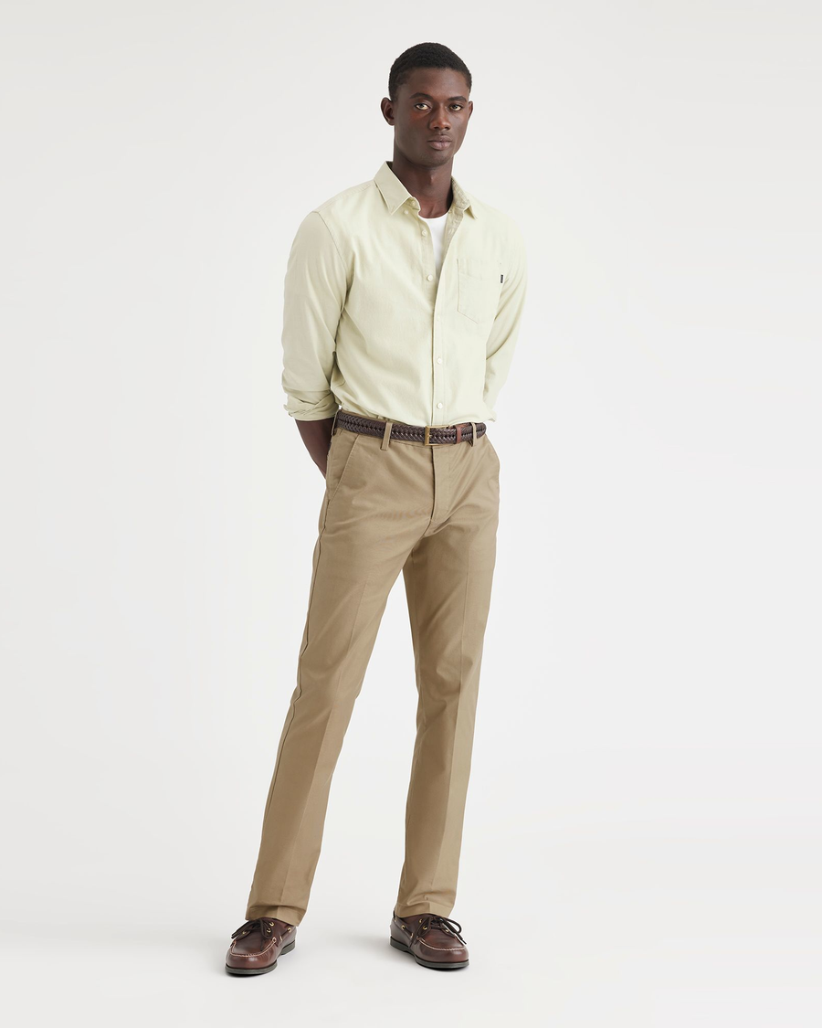 Front view of model wearing New British Khaki Workday Khakis, Slim Fit.