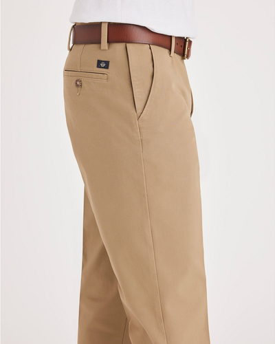 Side view of model wearing New British Khaki Workday Khakis, Straight Fit.