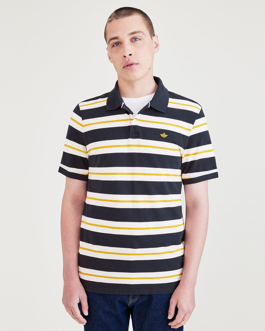 Front view of model wearing Nugget Gold Rib Collar Polo, Slim Fit.