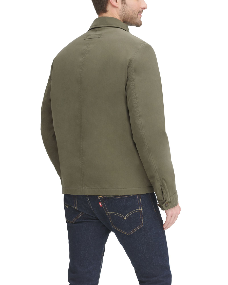 Back view of model wearing Olive Collar Jacket, Regular Fit.
