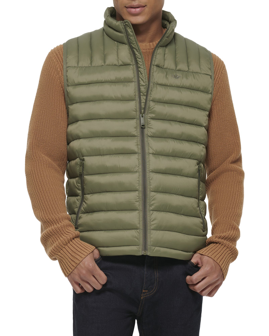 Front view of model wearing Olive Lightweight Nylon Packable Vest.