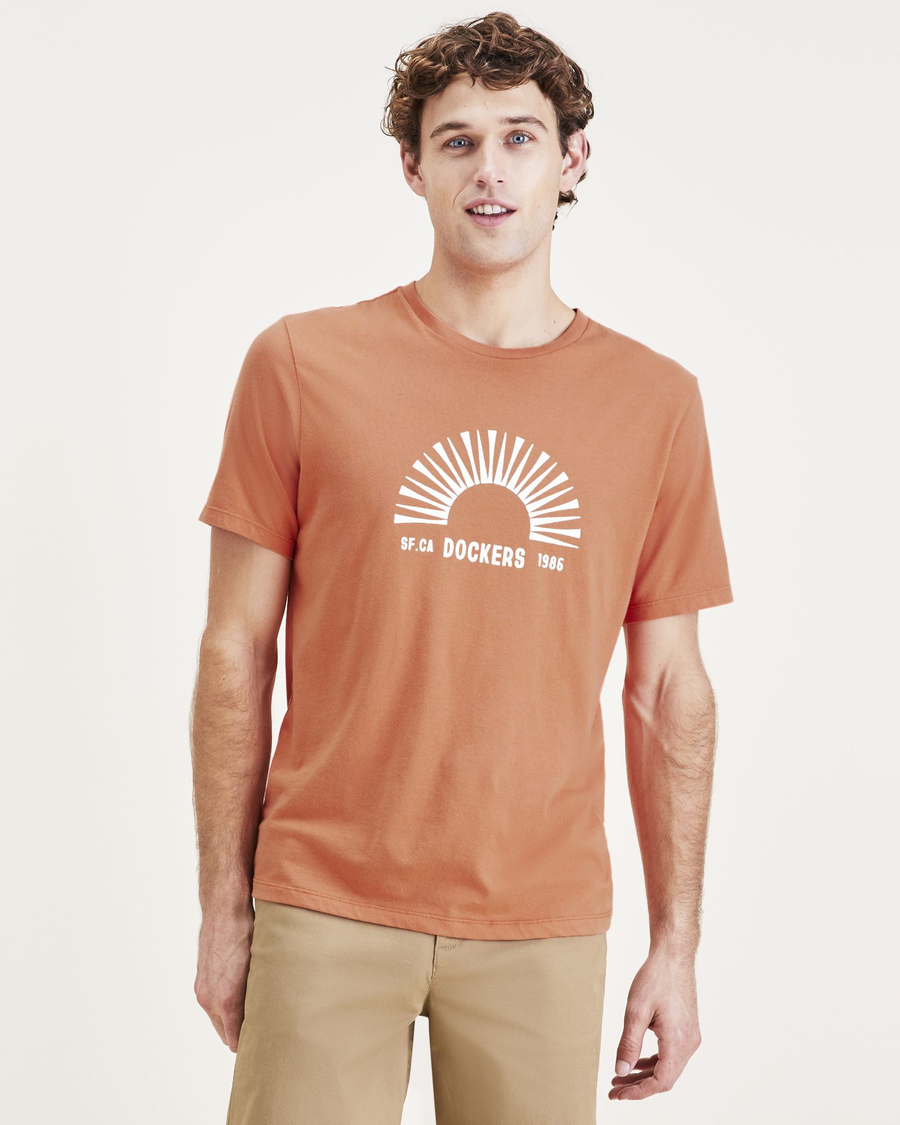 Front view of model wearing Orange Sun & Surf Graphic Tee, Slim Fit.