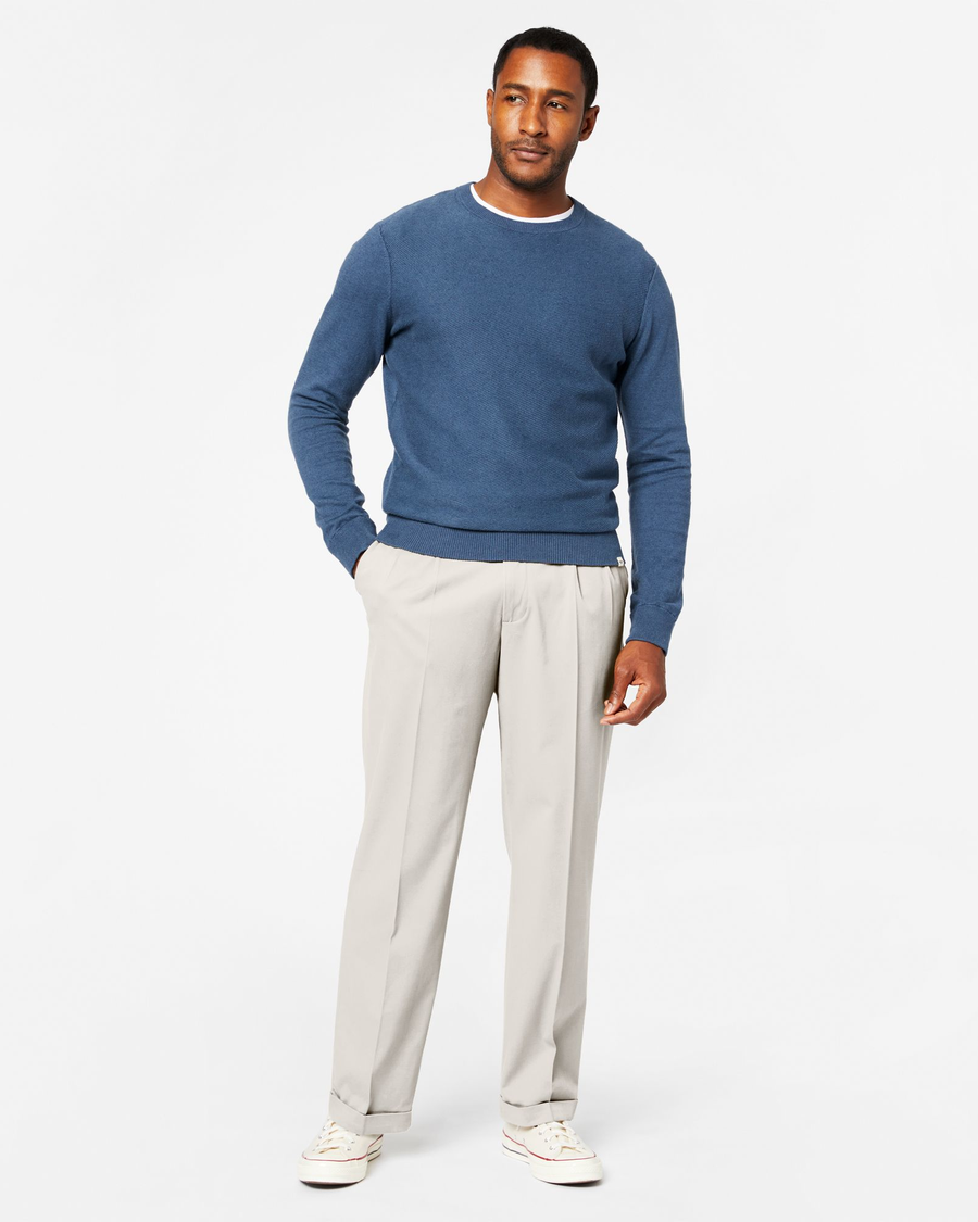 Front view of model wearing Porcelain Khaki Comfort Khakis, Pleated, Relaxed Fit.