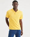 Front view of model wearing Primrose Yellow Rib Collar Polo, Slim Fit.