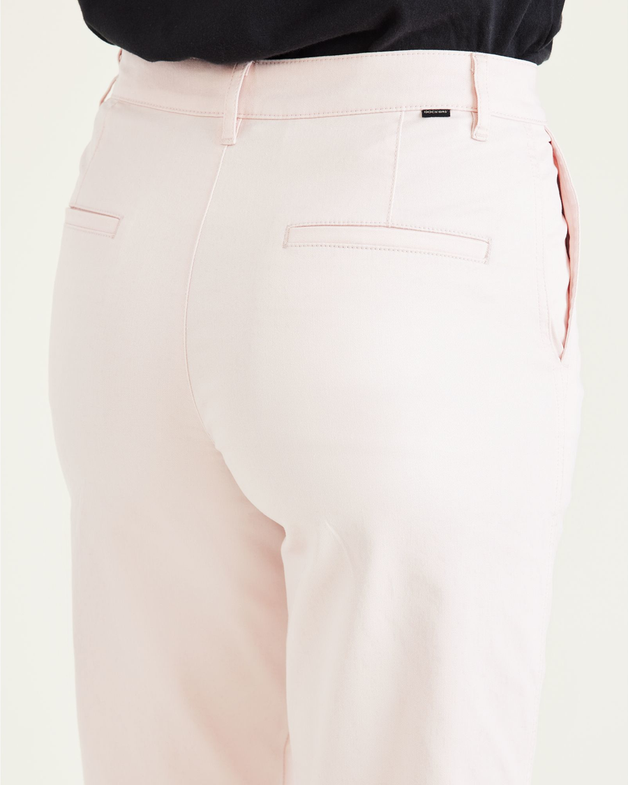 View of model wearing Rose Quartz Original Khakis, High Waisted, Straight Fit.