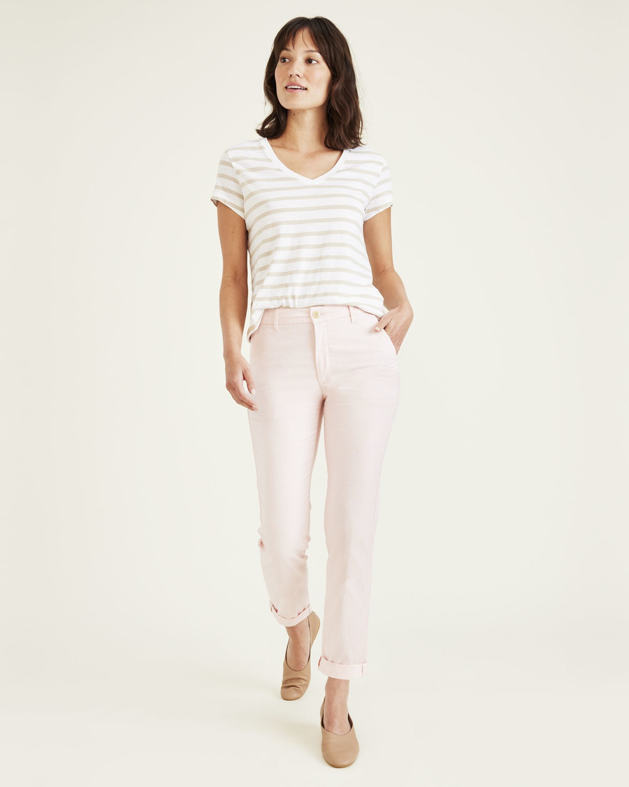 Front view of model wearing Rose Quartz Weekend Chinos, Slim Fit: Premium Edition.