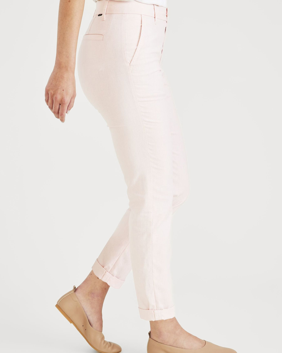 Side view of model wearing Rose Quartz Weekend Chinos, Slim Fit: Premium Edition.