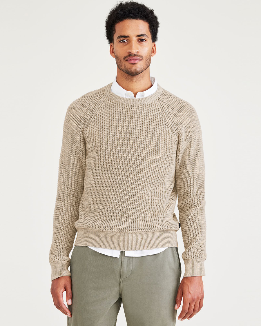 Front view of model wearing Sahara Khaki Crewneck Sweater, Regular Fit.