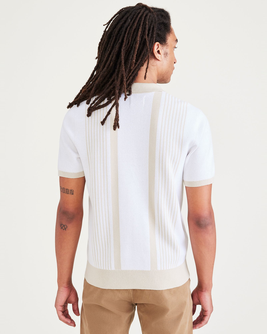 Back view of model wearing Shore Stripe Lucent White Polo Sweater, Regular Fit.