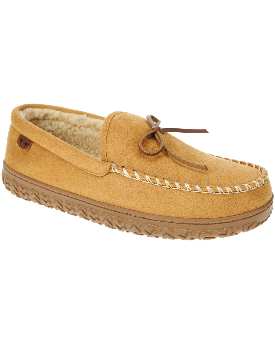 Front view of  Tan Rugged Microsuede Boater Moccasin Slippers.