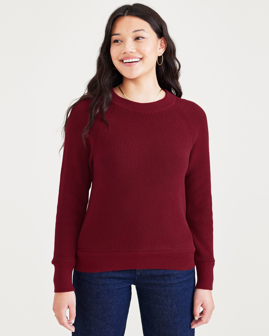 Front view of model wearing Tibetan Red Crewneck Sweater, Classic Fit.