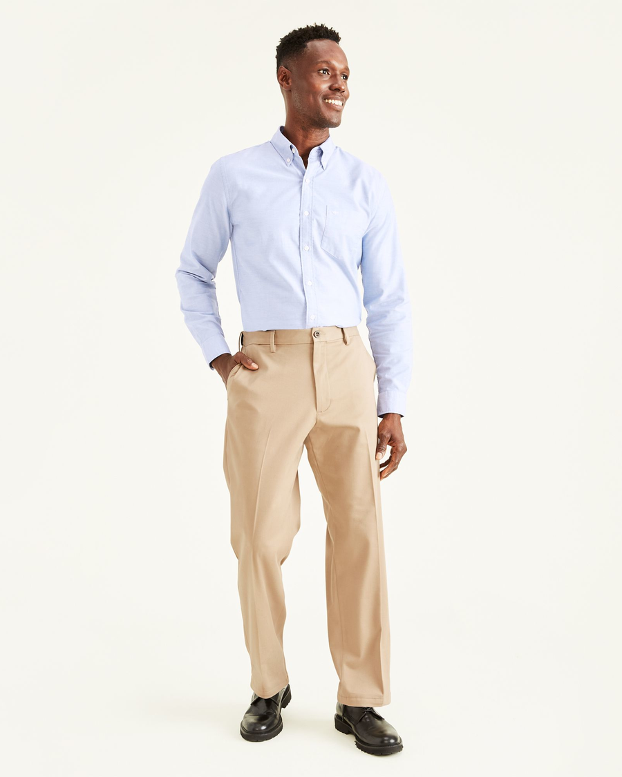 Front view of model wearing Timber Wolf Easy Khakis, Classic Fit.