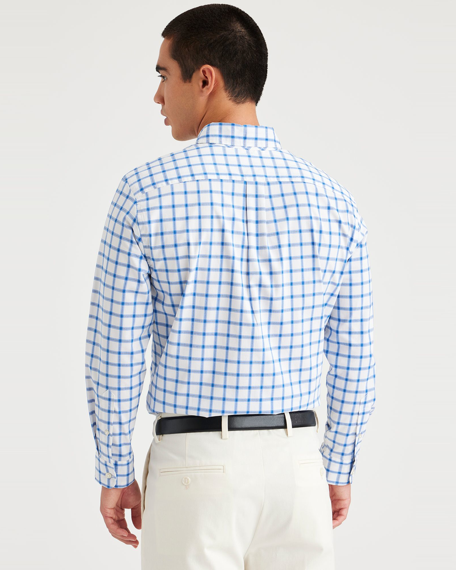 Back view of model wearing Yucca Lucent White Signature Comfort Flex Shirt, Classic Fit.