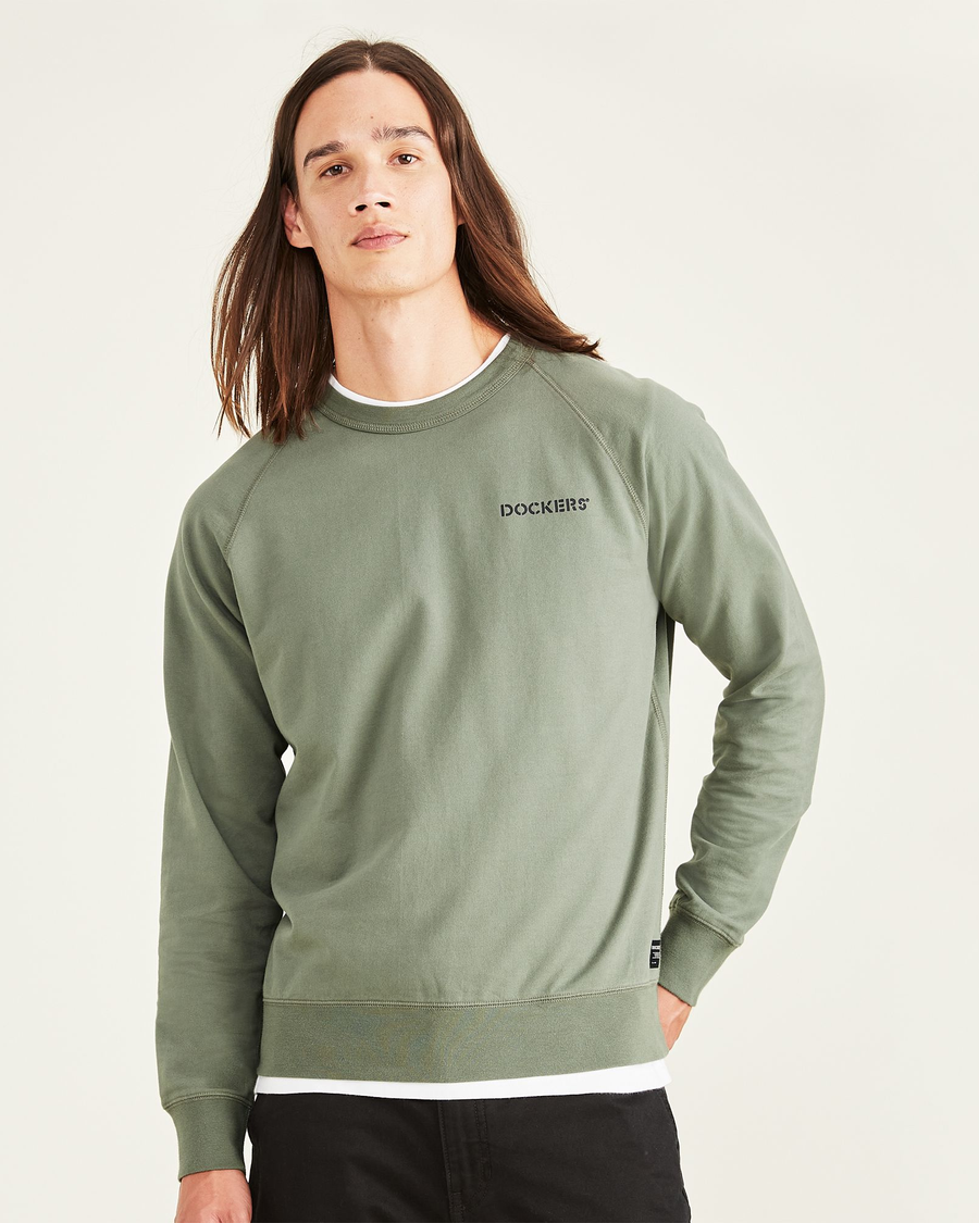 Front view of model wearing Agave Green Original Crewneck Sweatshirt, Regular Fit.