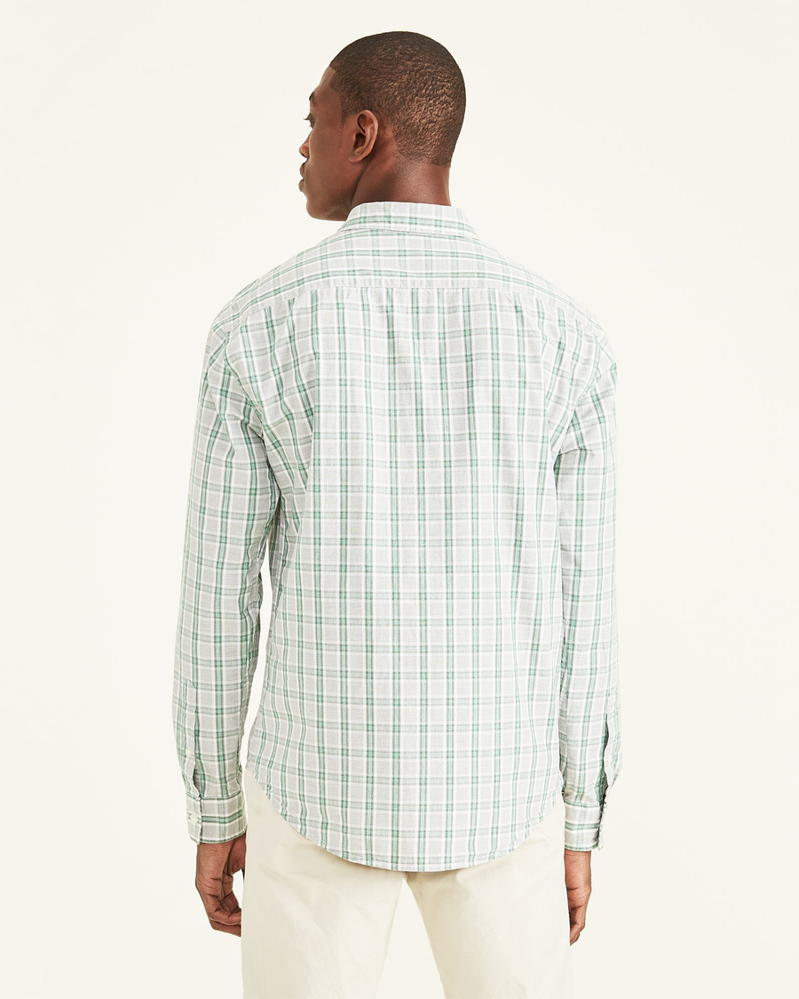 Back view of model wearing Agave Green Washed Poplin Shirt, Regular Fit.