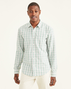 Front view of model wearing Agave Green Washed Poplin Shirt, Regular Fit.
