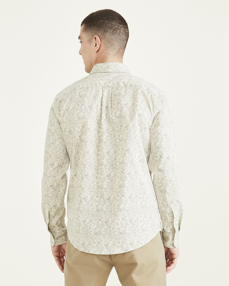 Back view of model wearing Alameda Sahara Khaki Signature Comfort Flex Shirt, Classic Fit.