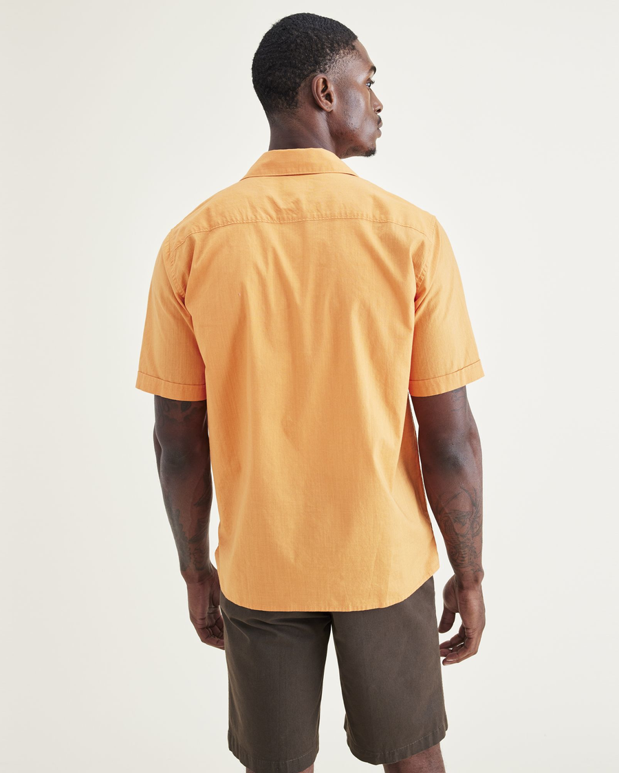 Back view of model wearing Apricot Buff Camp Collar Shirt, Regular Fit.