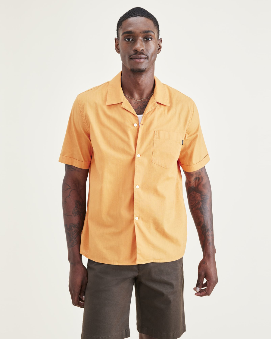 Front view of model wearing Apricot Buff Camp Collar Shirt, Regular Fit.