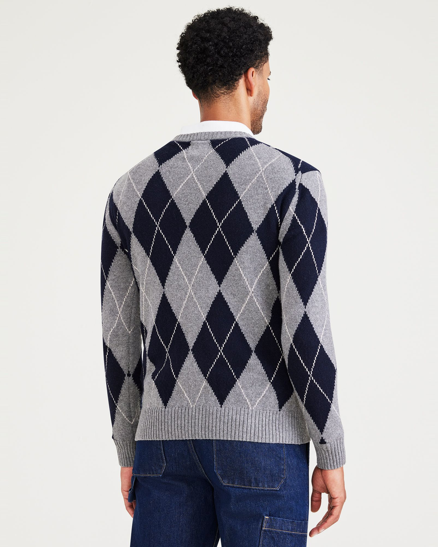 Back view of model wearing Argyle Gloria Crafted Sweater, Regular Fit.