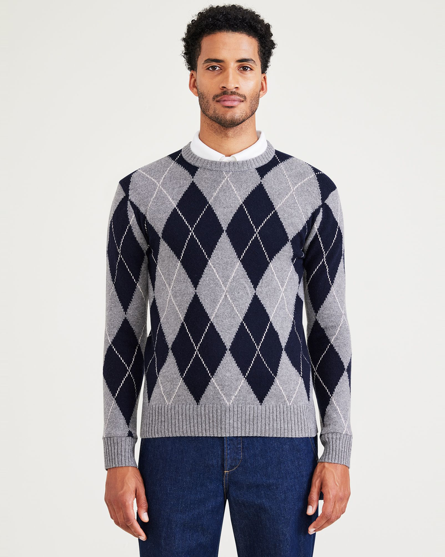 Front view of model wearing Argyle Gloria Crafted Sweater, Regular Fit.