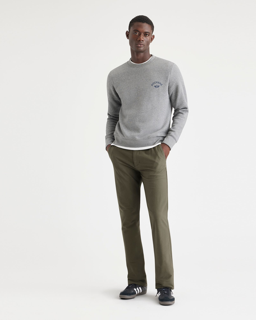 Front view of model wearing Army Green Comfort Knit Chinos, Slim Fit.