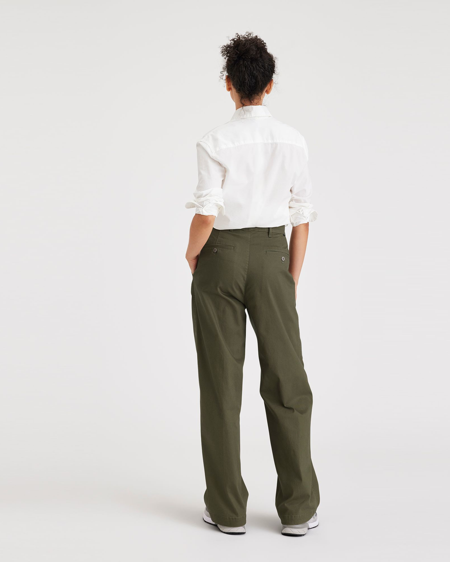 Back view of model wearing Army Green Original Khakis, Pleated, High Wide Fit.